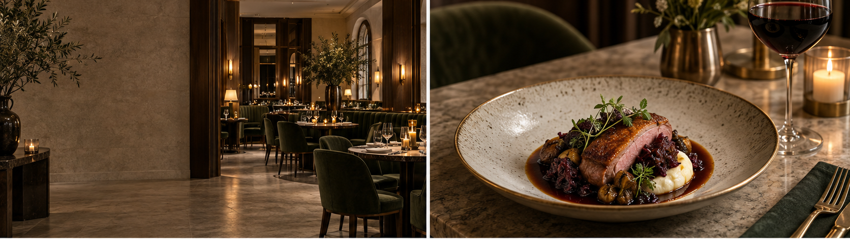 Večerní interiér české restaurace Večerní Stůl